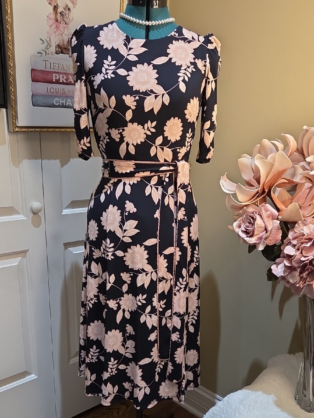 Nwot 10 Size Eliza J Navy Midi Dress with Pale Pink Floral Print